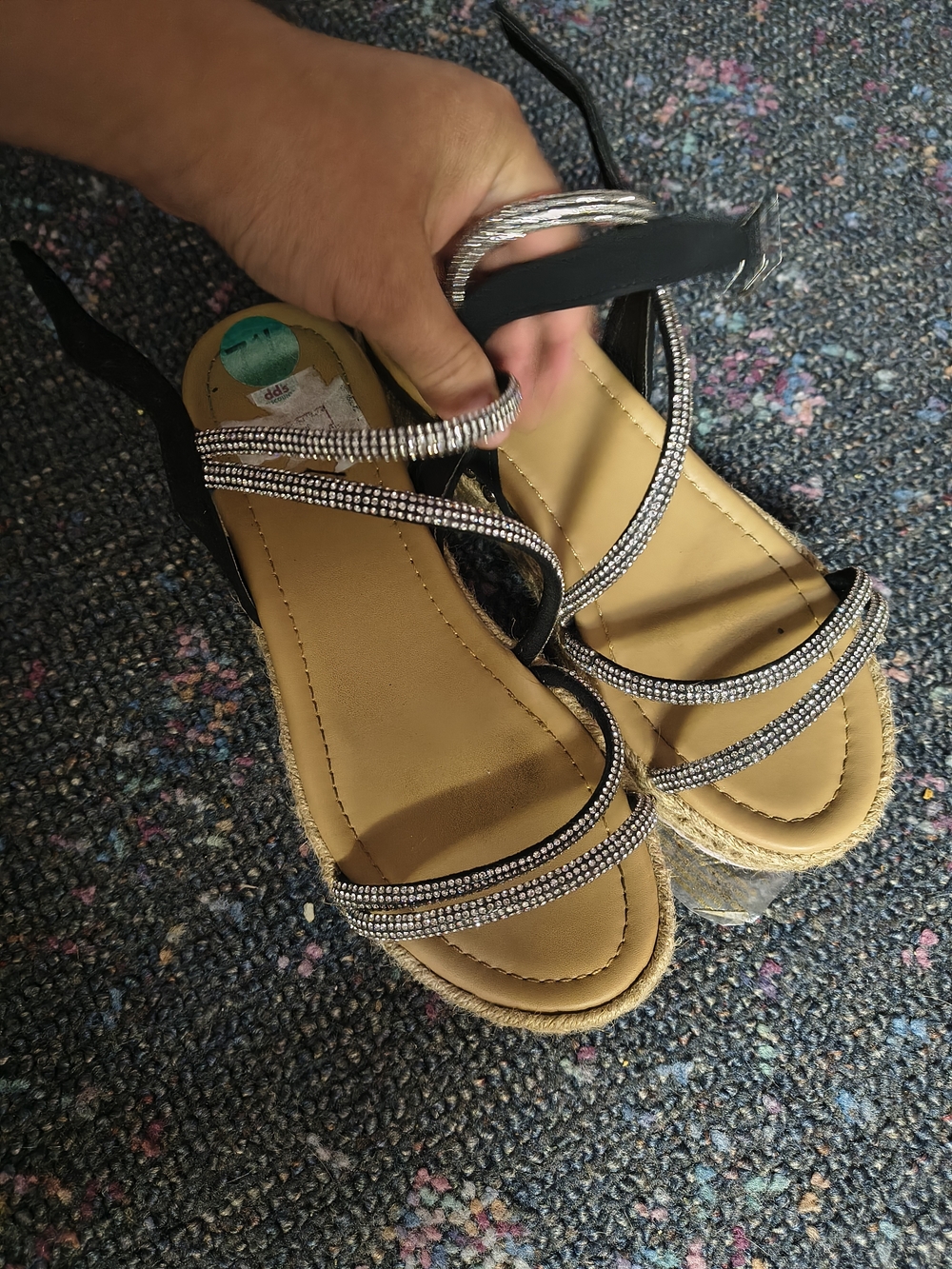 Women's Black Strappy Rhinestone Sandals